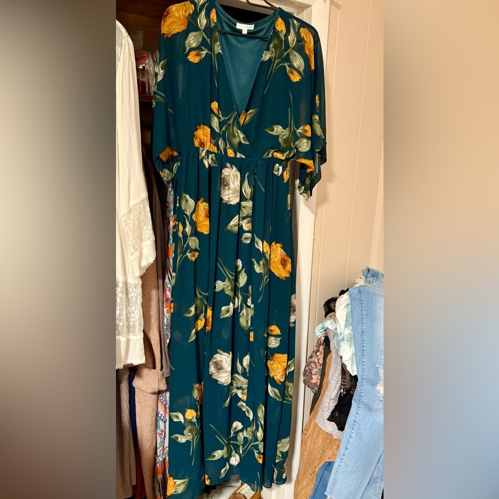 Floral Teal Maxi Dress with V-Neck